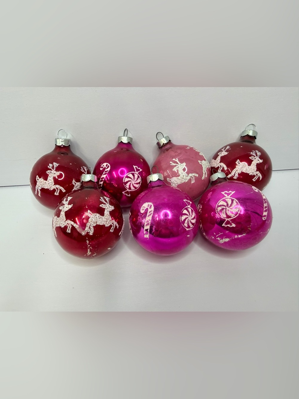 Vintage Pink Red Glass Christmas Ornaments Lot 7 Reindeer Candy Cane Glitter